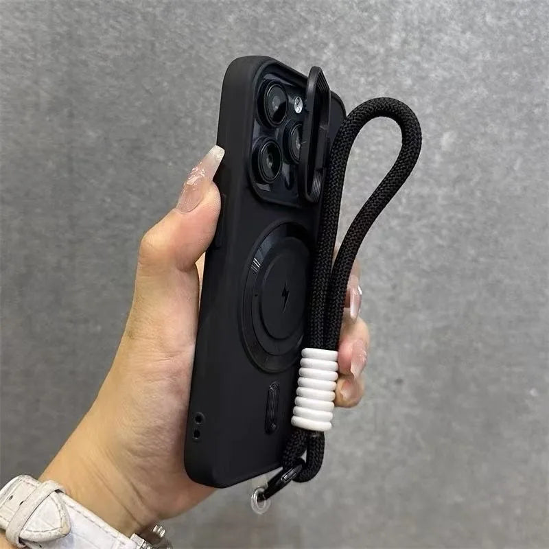 Luxury Flip Up Lens Holder Magnetic Case for iPhone 16 15 14 13 12 11 Pro Max 16 Plus Fashion Nylon Wristband Lanyard Soft Cover