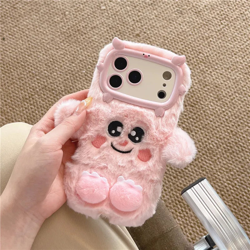 3D Cute Cartoon Funny Phone Cases For iPhone 17 16 15 14 13 12 11 Pro Max Warm Winter Fluffy Plush Soft Bumper Protection Cover