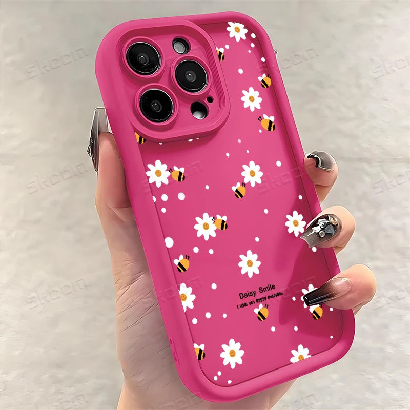 Cute Honeybee Flower Pattern Silicone Phone Case For iPhone 16 16E 15 14 13 12 11 Pro Max XS X XR 7 8 Plus SE2 Soft TPU Cover