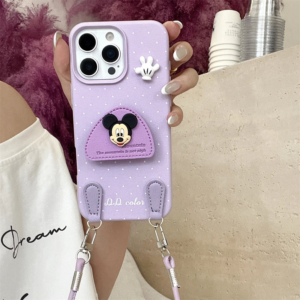 Disney 3D Mickey Stand Holder Polka Leather Case for iPhone 16 15 14 Plus 13 12 11 Pro Max Wrist Hand Strap Shockproof Cover