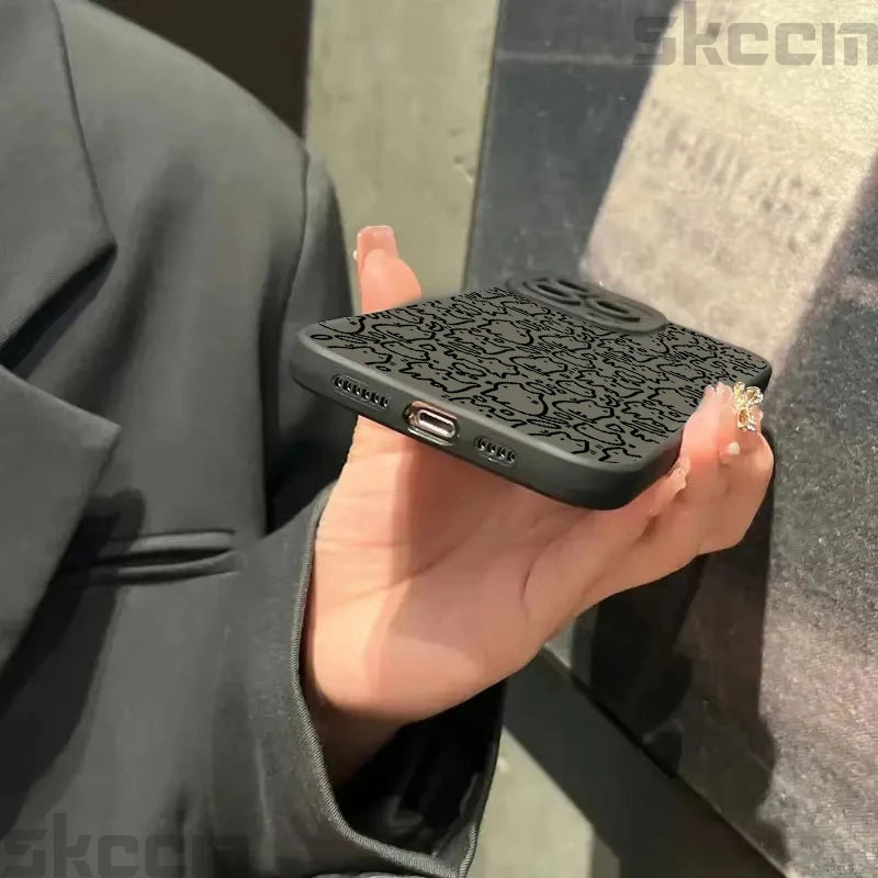 Cute Black Kitten Sketch Cat Phone Case for iPhone 16 15 14 13 12 11 Pro Max Mini XR XS X 7 8 Plus 16E Soft TPU Back Cover