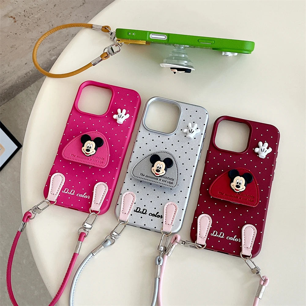 Disney 3D Mickey Stand Holder Polka Leather Case for iPhone 16 15 14 Plus 13 12 11 Pro Max Wrist Hand Strap Shockproof Cover