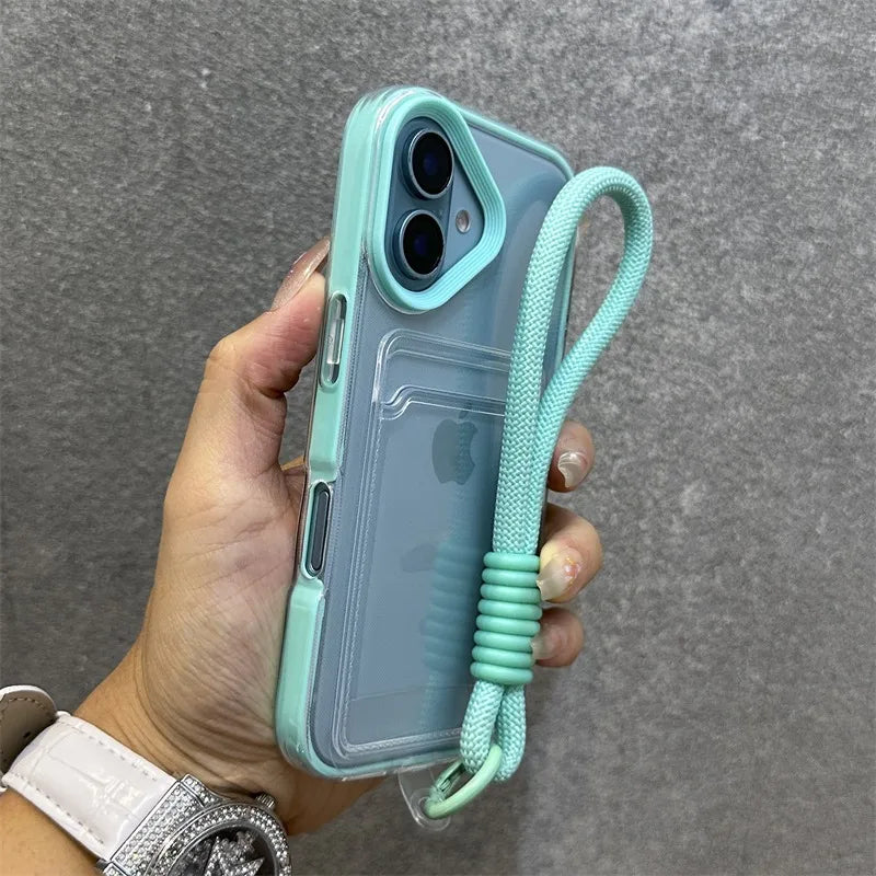 Luxury Card Slot Bag Clear With lanyard Phone Case For iPhone 11 12 13 14 15 Pro Max 16 Plus XS Shockproof Bumber Soft TPU Cover