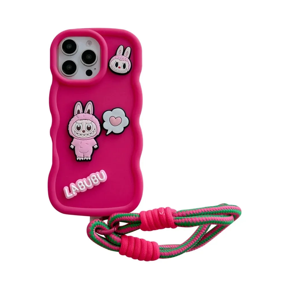 Cute Cartoon Wrist Strap Phone Case for IPhone 16 15 14 13 12 11 Pro Max XS X XR 7 8 Plus Silicone Soft Protective Cover