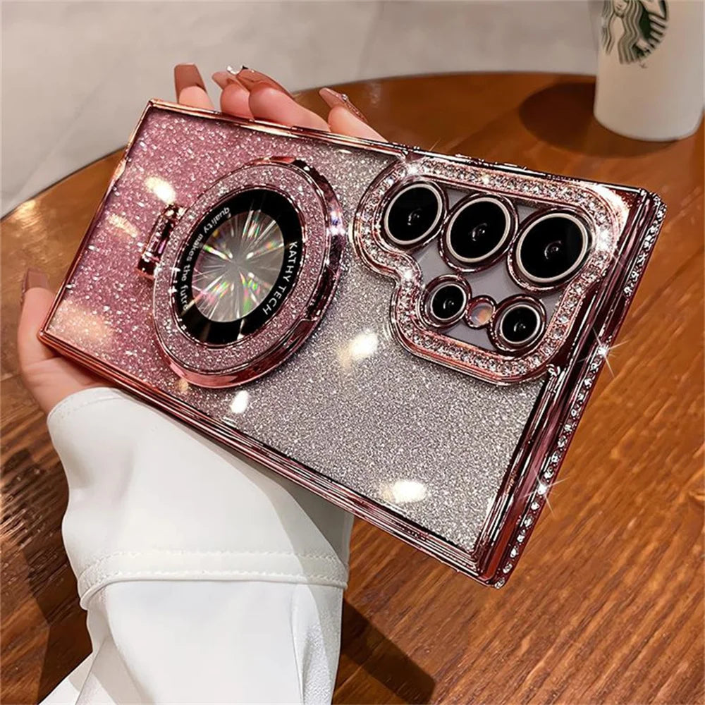 Luxury Glitter For Magsafe Magnetic Ring Stand Case for Samsung Galaxy S25 S24 S23 Ultra S22 Plus A55 A35 A25 A15 Diamond Cover