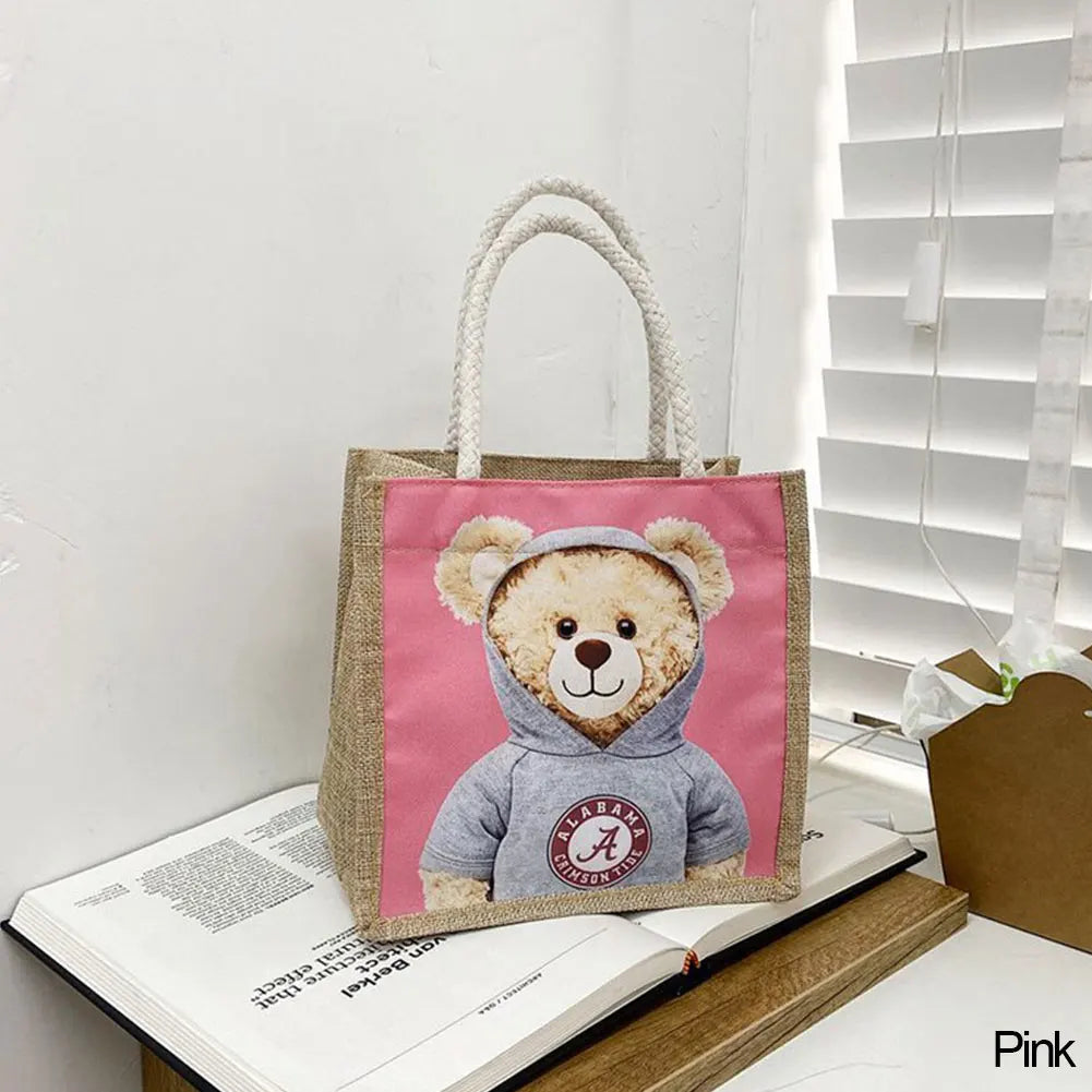 Cute Bear Print Pendant Handbag for Xmas Casual Linen Canvas Top-handle Gift Bag Fashion Shopping Bag Women Ladies Girl Handbag