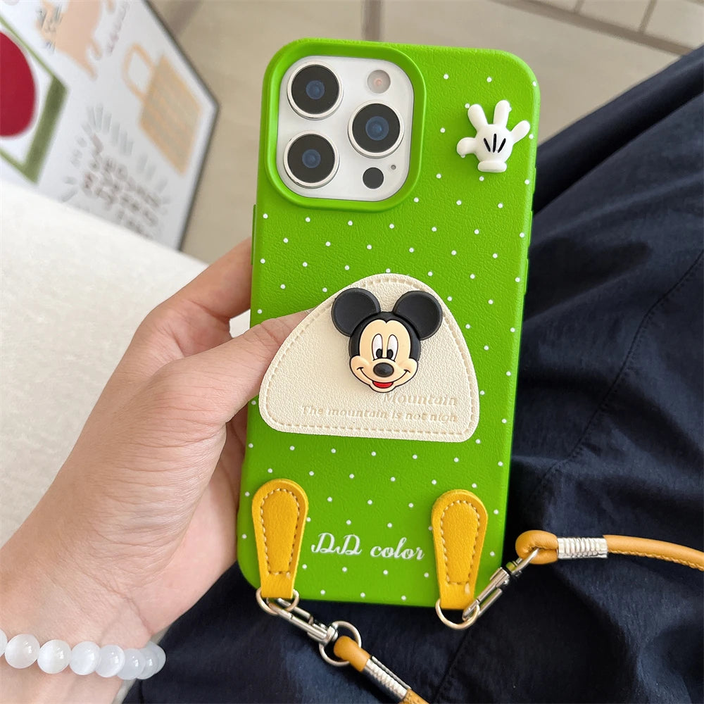 Disney 3D Mickey Stand Holder Polka Leather Case for iPhone 16 15 14 Plus 13 12 11 Pro Max Wrist Hand Strap Shockproof Cover