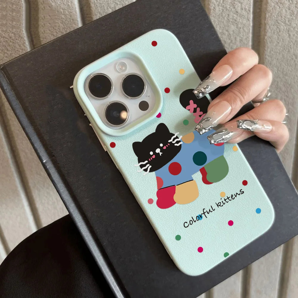 Cute Cartoon Black Cat Dots Leather Phone Case For iPhone 11 Case iPhone 16 14 12 15 13 Pro Max 16 15 Plus Soft Silicone Cover