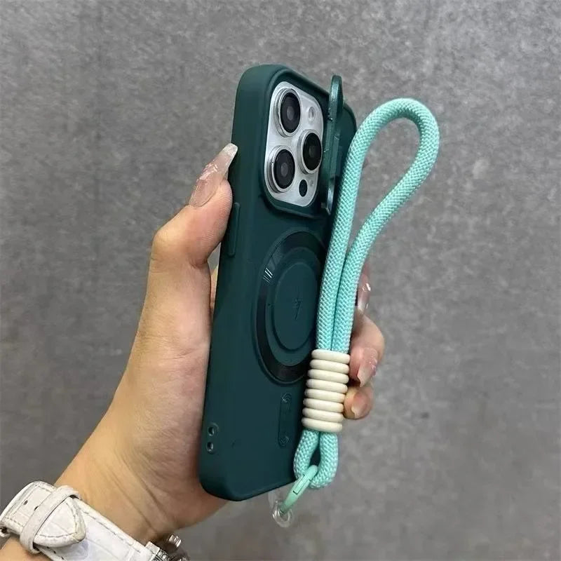 Luxury Flip Up Lens Holder Magnetic Case for iPhone 16 15 14 13 12 11 Pro Max 16 Plus Fashion Nylon Wristband Lanyard Soft Cover
