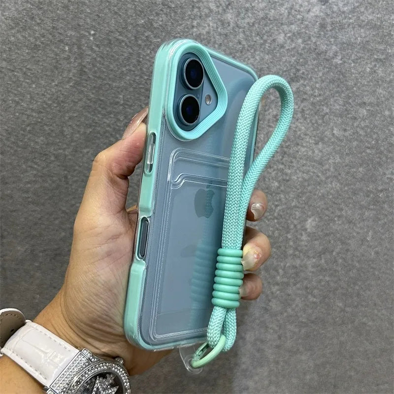Luxury Card Slot Bag Clear With lanyard Phone Case For iPhone 11 12 13 14 15 Pro Max 16 Plus XS Shockproof Bumber Soft TPU Cover