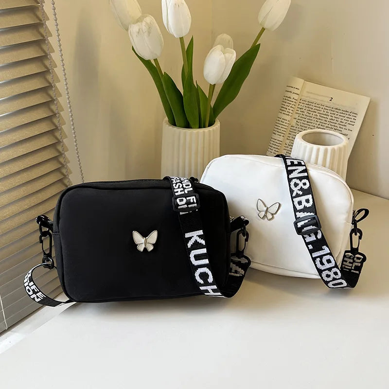 Embroidery Camera Shoulder Bag Design Nylon Small Messenger Bag Makeup Bag Women Butterfly Minimalist Solid Color Crossbody Bag