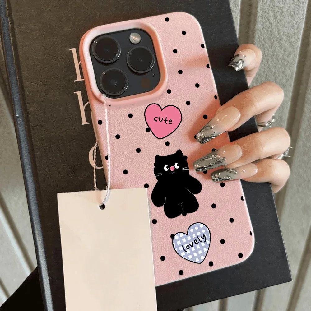 Cute Cartoon Black Cat Dots Leather Phone Case For iPhone 11 Case iPhone 16 14 12 15 13 Pro Max 16 15 Plus Soft Silicone Cover