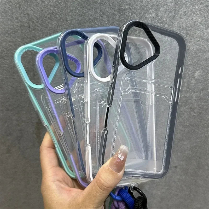 Luxury Card Slot Bag Clear With lanyard Phone Case For iPhone 11 12 13 14 15 Pro Max 16 Plus XS Shockproof Bumber Soft TPU Cover