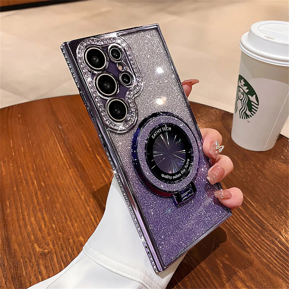 Luxury Glitter For Magsafe Magnetic Ring Stand Case for Samsung Galaxy S25 S24 S23 Ultra S22 Plus A55 A35 A25 A15 Diamond Cover