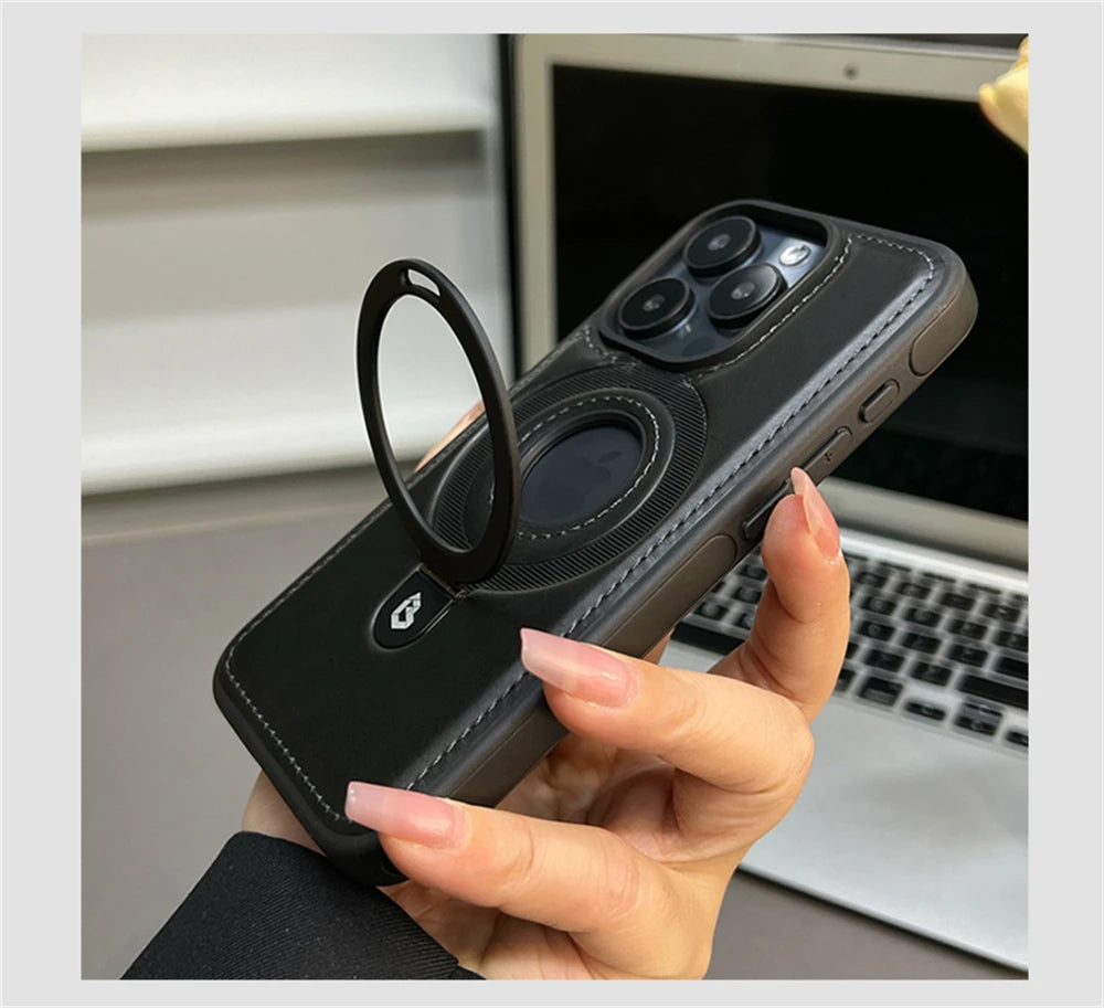 Luxury Magnetic Stand Ring PU Leather Phone Case For iPhone 16 15 14 13 12 Pro Max Magsafe Wireless Charging Hollow Logo Cover