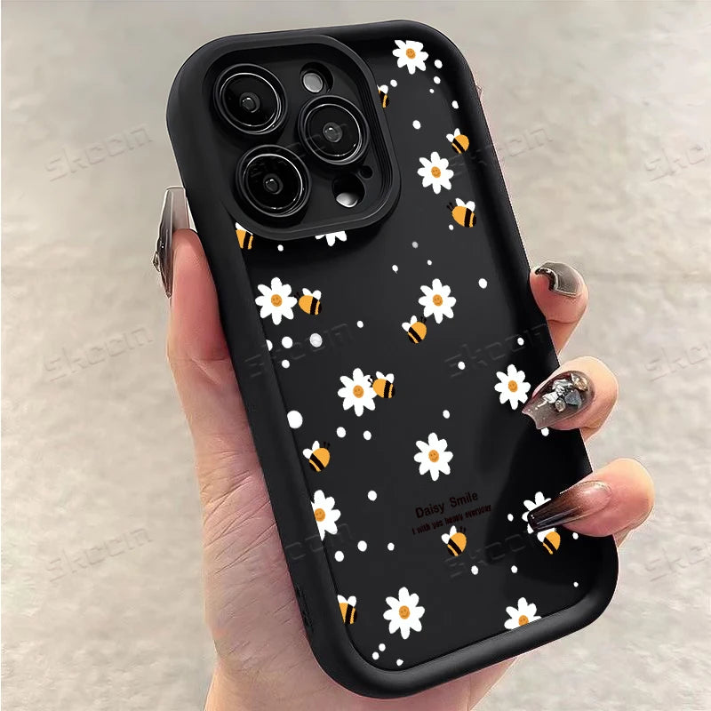 Cute Honeybee Flower Pattern Silicone Phone Case For iPhone 16 16E 15 14 13 12 11 Pro Max XS X XR 7 8 Plus SE2 Soft TPU Cover