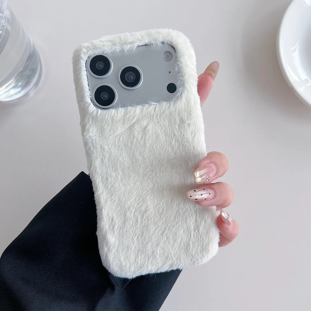Winter Warm Fur Fluffy Phone Case for iPhone 17 Pro Max 16 15 14 13 Pro Max Solid Color Plush Sweater Girl Protection Cover