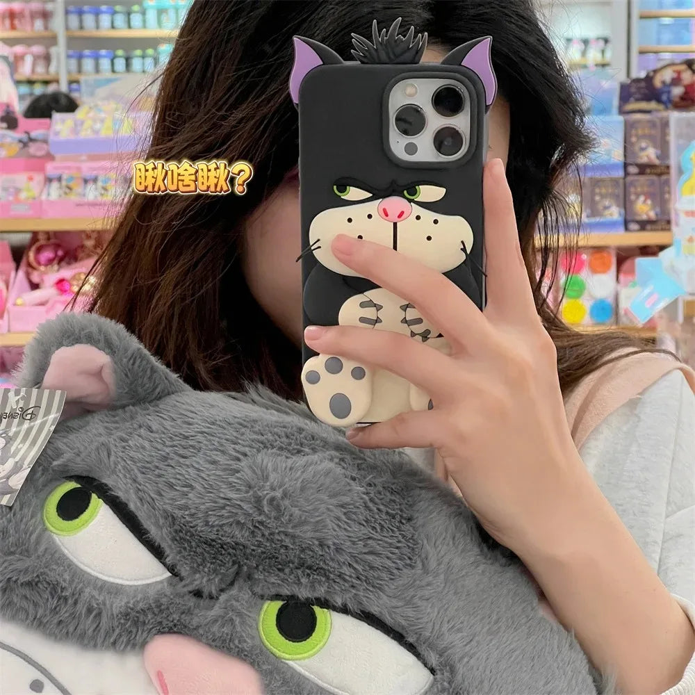 3D Lucifer Cat Cinderella Stretching Feet Stand Holder Cover For iPhone 11 12 13 14 15 16 Pro Max Cute 3D Cartoon Bracket Case