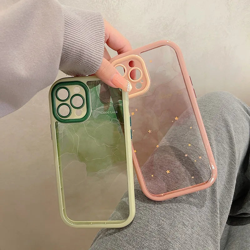 Gradient Pink Green Abstract Oil Painting Acrylic Clear Case For iPhone 16 Pro Max 15 14 13 12 11 Soft Bumper Hard Back Cover