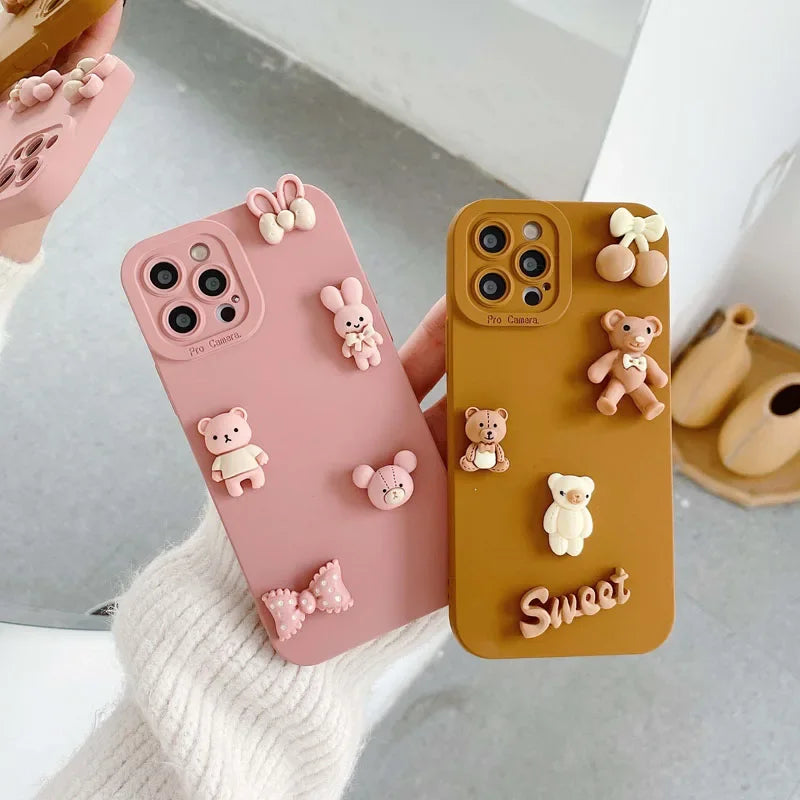 Cute 3D Bear Phone Case For iPhone16 11 12 13 Mini 14 15 Pro Max Anti Knock Back Cover for iPhone X XR XS Max 7 8 6 6s Plus Capa