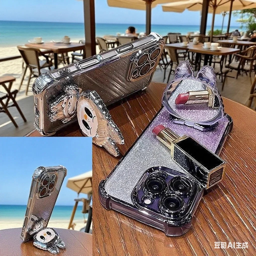 For iPhone 11 12 13 14 15 16 X XR 7 8 Phone Case Soft Silicone Plating Cartoon Rabbit Fold Stand Makeup Mirror Bracket Cover
