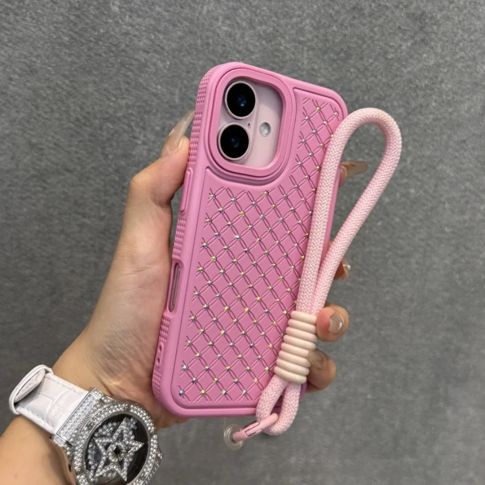 Luxury Flash Diamond Wrist Strap Lanyard Phone Case For iPhone 16e 15 14 13 12 11 Pro Max 16 Plus Sparkling Shockproof Cover
