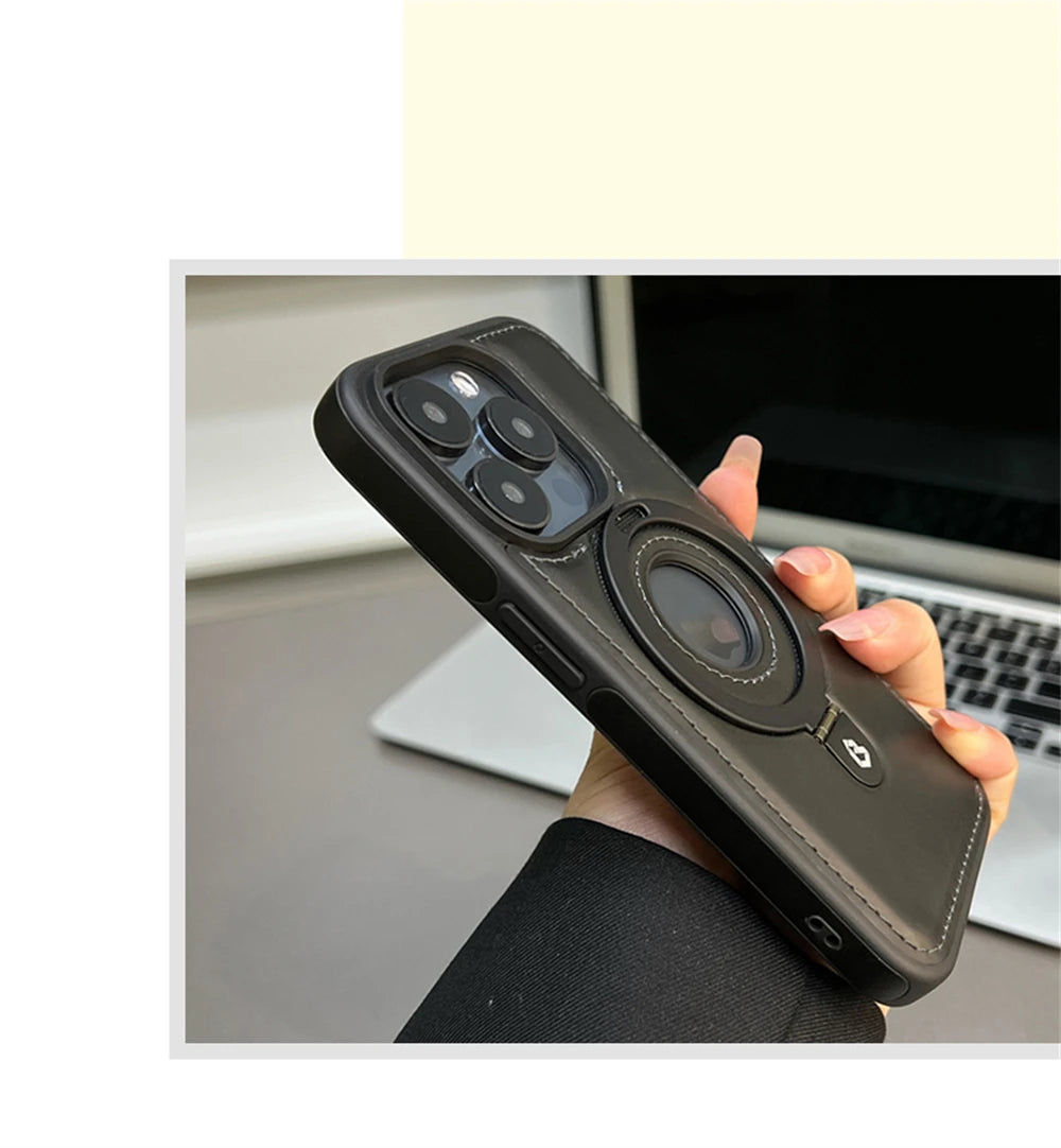 Luxury Magnetic Stand Ring PU Leather Phone Case For iPhone 16 15 14 13 12 Pro Max Magsafe Wireless Charging Hollow Logo Cover