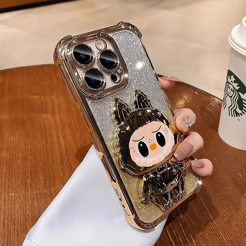 Cute L-La-bubuES Phone Case for iPhone 16 15 14 13 12 11 Pro Max Plus 16E X XR Shockproof Plating Silicone Glitter Powder Cover