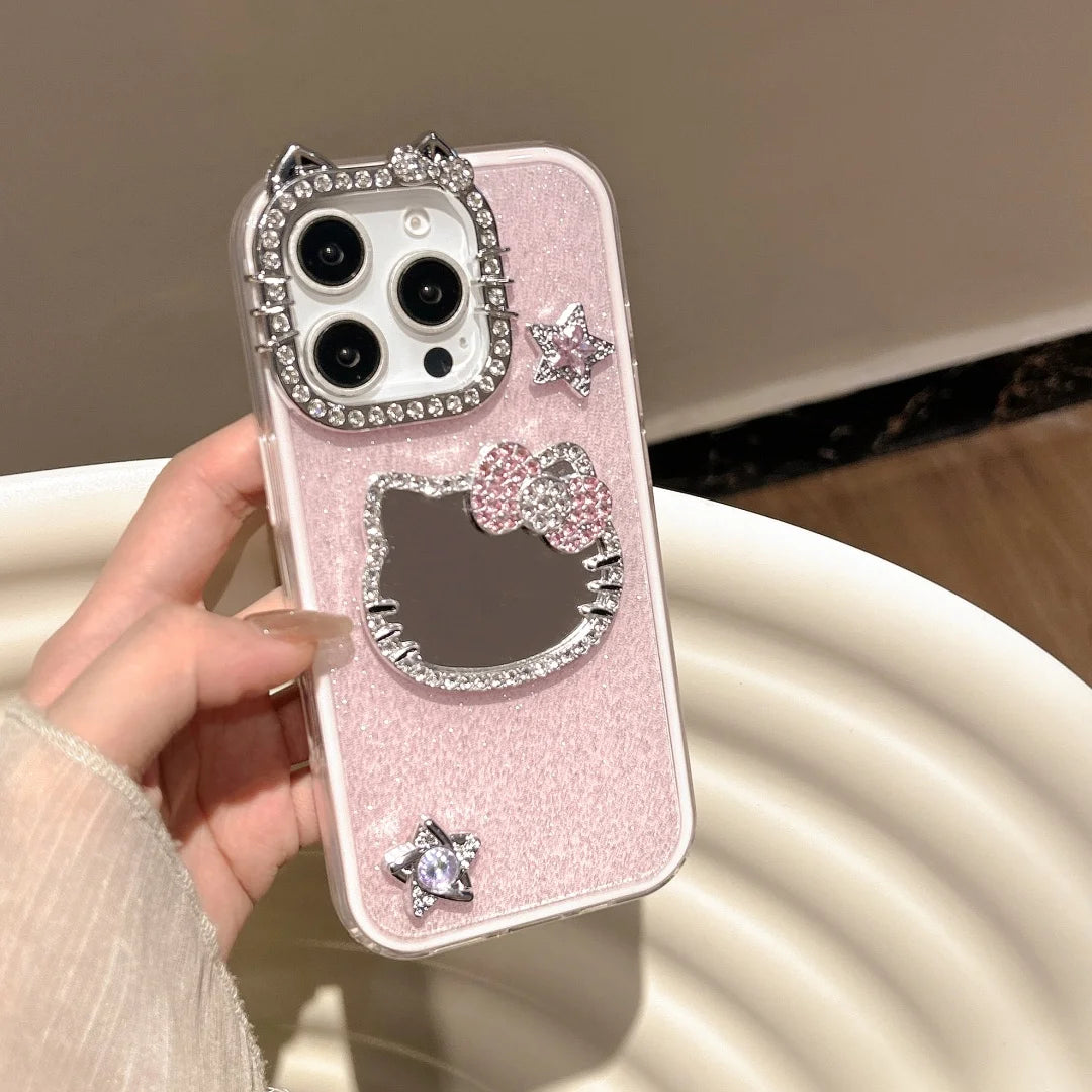 Fashion Diamond Glitter Make UP Mirror 3D Cute Cat Ears  Phone Case For iPhone 16 15 14 13 12 11 Pro Max Plus Cover
﻿﻿﻿﻿﻿