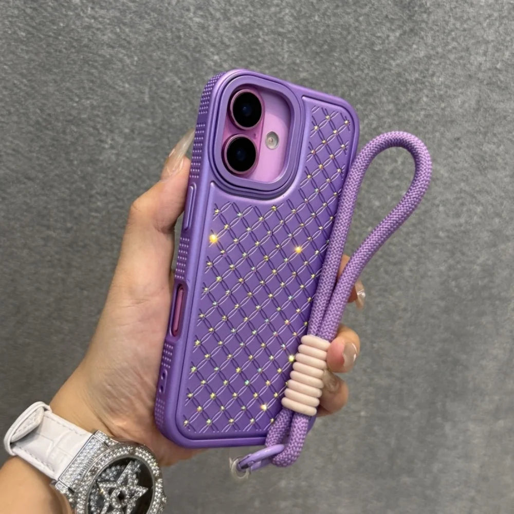 Luxury Flash Diamond Wrist Strap Lanyard Phone Case For iPhone 16e 15 14 13 12 11 Pro Max 16 Plus Sparkling Shockproof Cover
