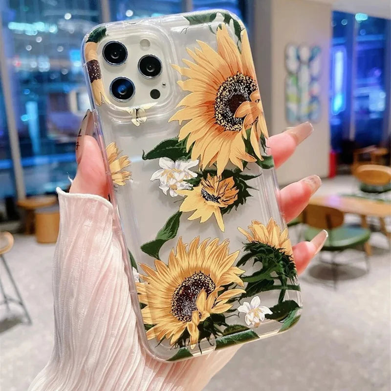 Trendy Flower Pattern Transparent Case For iPhone 16 15 Pro Max 16E 14 13 12 11 PRO Mini Soft Clear Cover