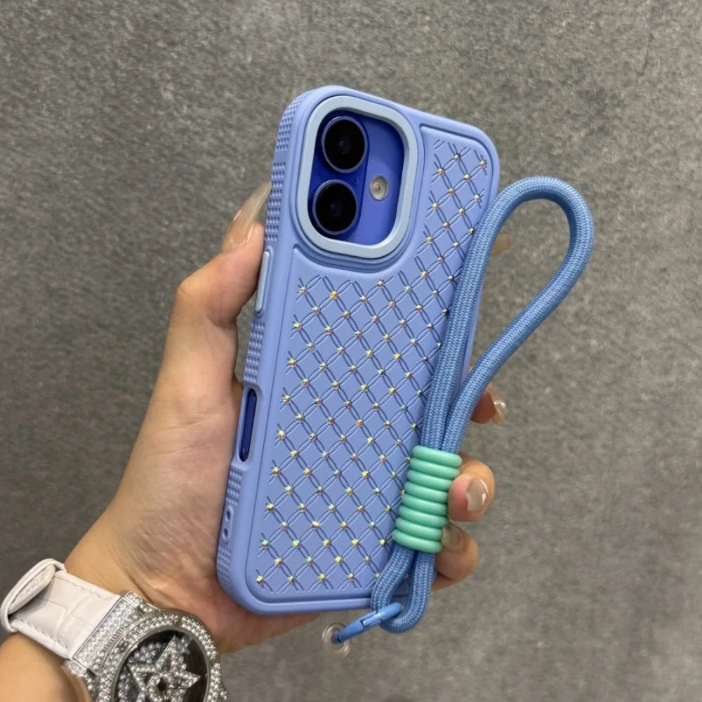 Luxury Flash Diamond Wrist Strap Lanyard Phone Case For iPhone 16e 15 14 13 12 11 Pro Max 16 Plus Sparkling Shockproof Cover