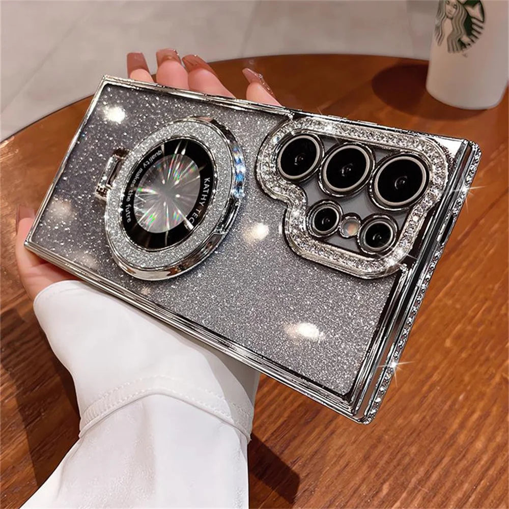 Luxury Glitter For Magsafe Magnetic Ring Stand Case for Samsung Galaxy S25 S24 S23 Ultra S22 Plus A55 A35 A25 A15 Diamond Cover