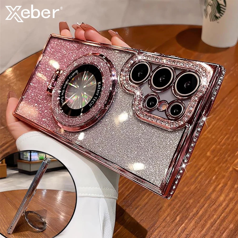 Luxury Glitter For Magsafe Magnetic Ring Stand Case for Samsung Galaxy S25 S24 S23 Ultra S22 Plus A55 A35 A25 A15 Diamond Cover