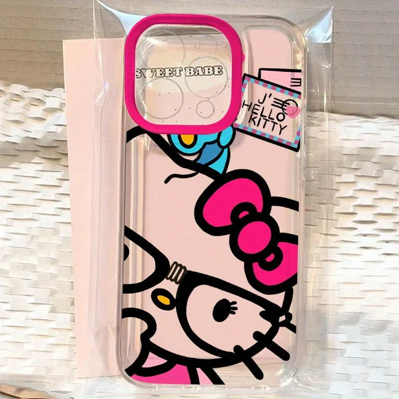 Cute Full screen Sanrio Hello Kitty Case For iPhone 17 16 15 14 13 12 Pro Max XR Plus Kawaii Transparent Soft TPU Cover Funda
