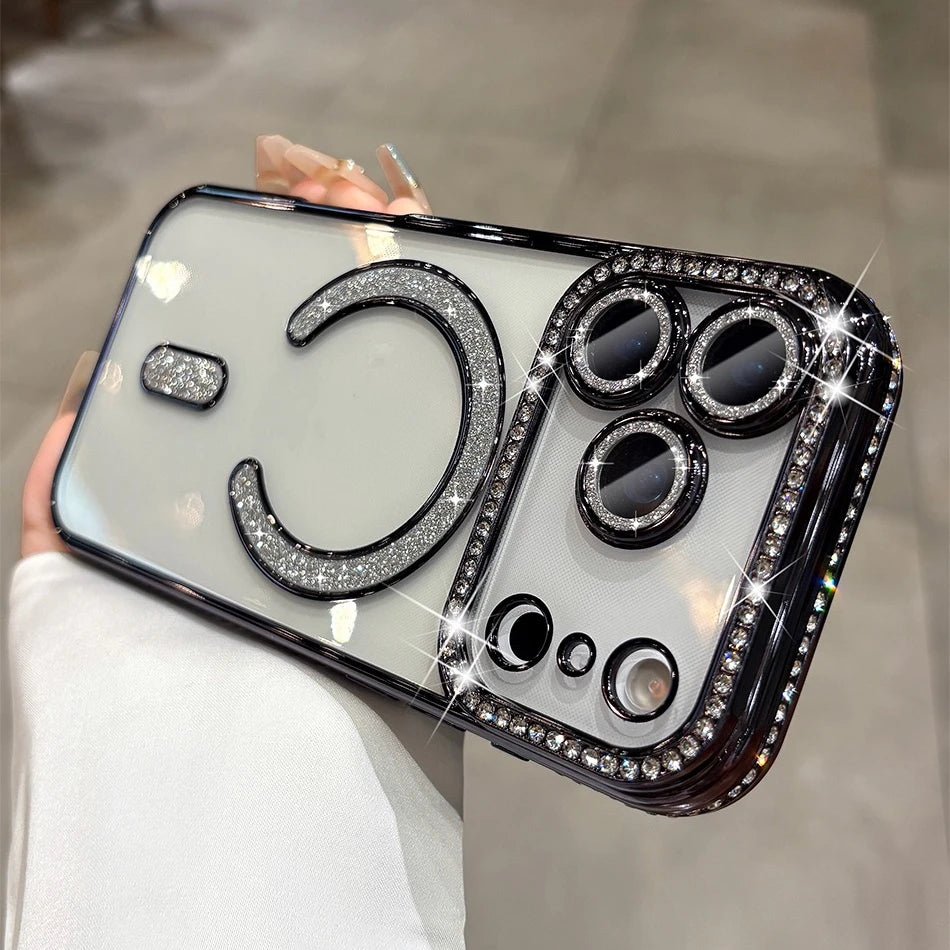 For iPhone 17 Air 17 Pro Max Luxury Girl's Case Bling Diamond Lens Film Magsafe Cover Case for iPhone 16 15 14 13 12 11 Pro Max