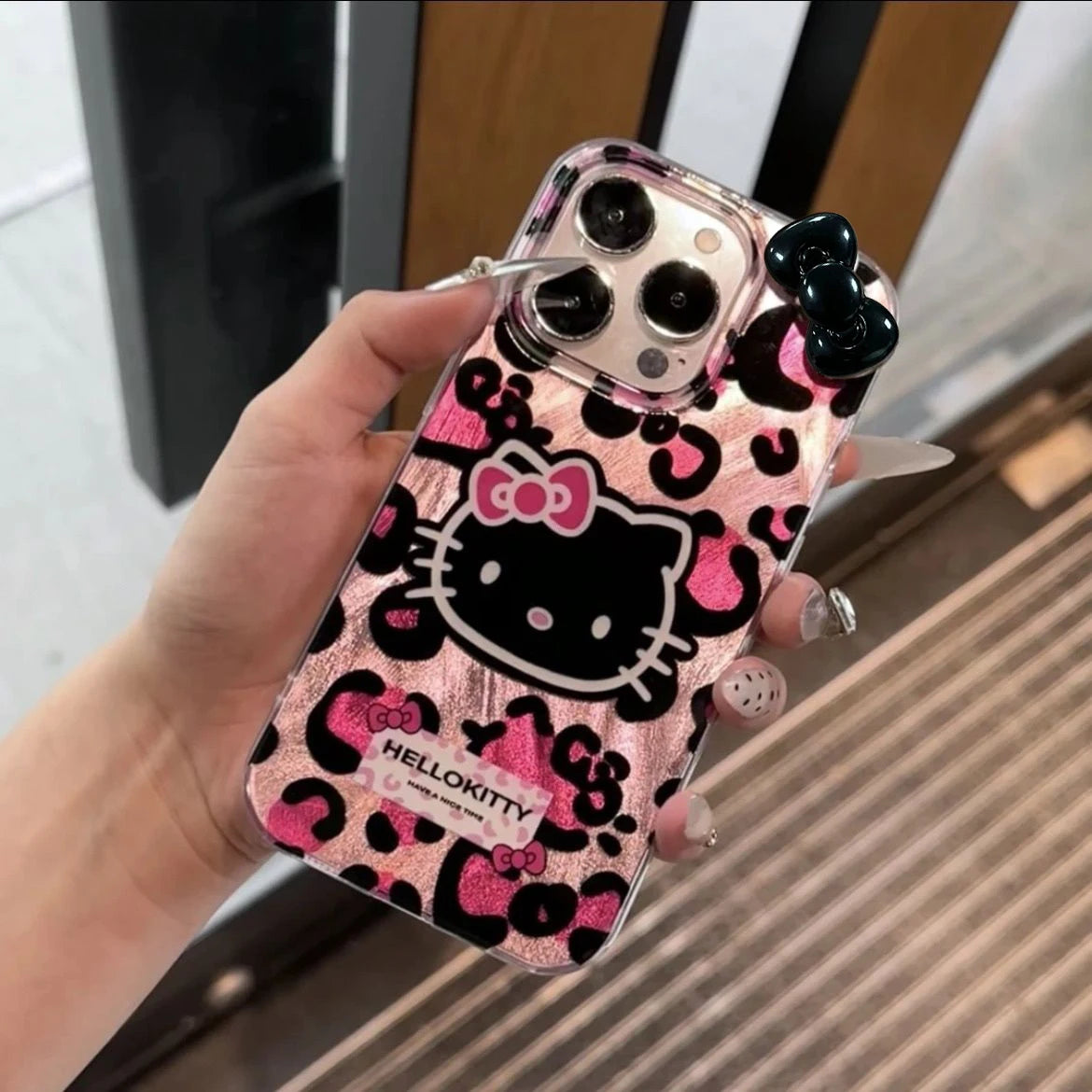 Pink Leopard Print HelloKitty Bow Mobile Phone Case For iPhone 15 14 13 12 11 Pro Max XR XS 7 8 Plus Silicone Laser Covers Y2K
