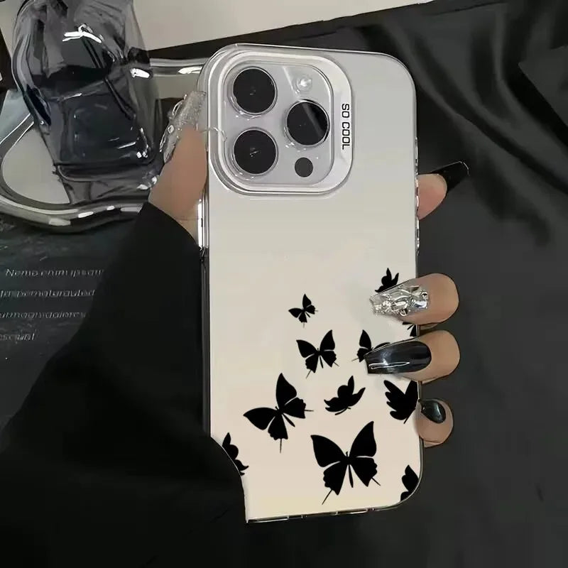 For iPhone 16 15 14 Plus 13 12 11 Pro MAX 16E Shockproof Drawing Butterfly Lens Protect Plating Phone Cover Case