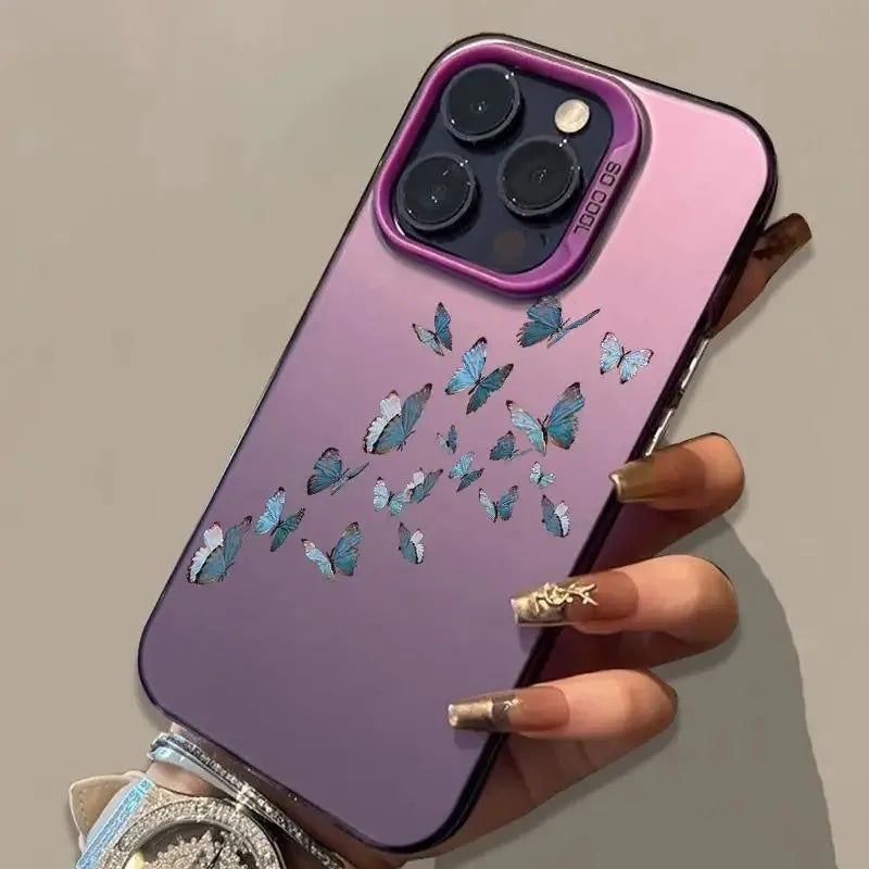 For iPhone 16 15 14 Plus 13 12 11 Pro MAX 16E Shockproof Drawing Butterfly Lens Protect Plating Phone Cover Case
