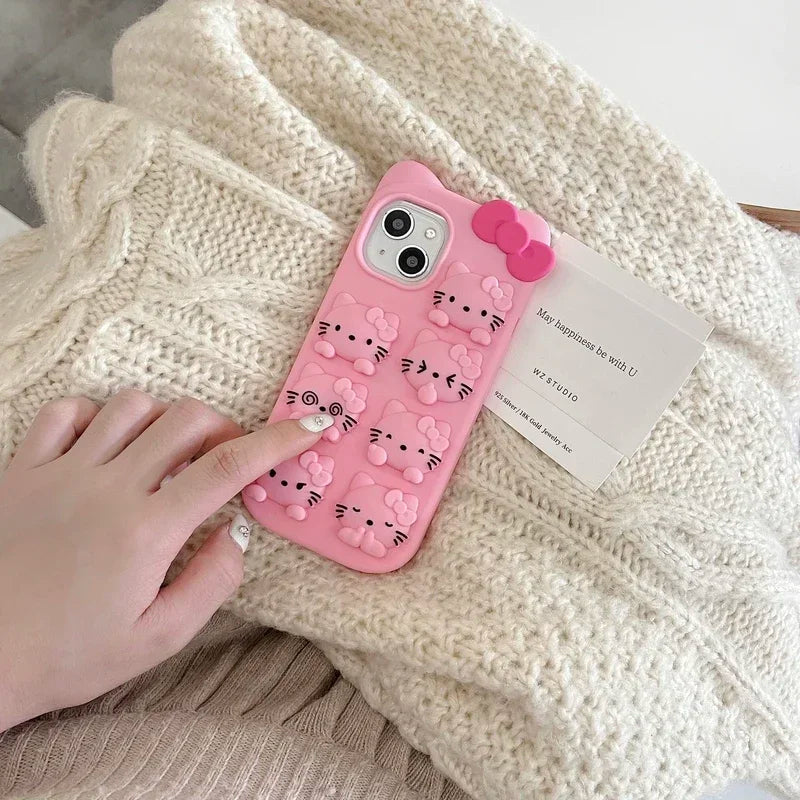 3D Cute Cartoon  Sanrio Hello Kitty Relieve Stress Phone Case For iPhone 15 14 13 12 11 Pro Max Shockproof Soft Silicone Cover