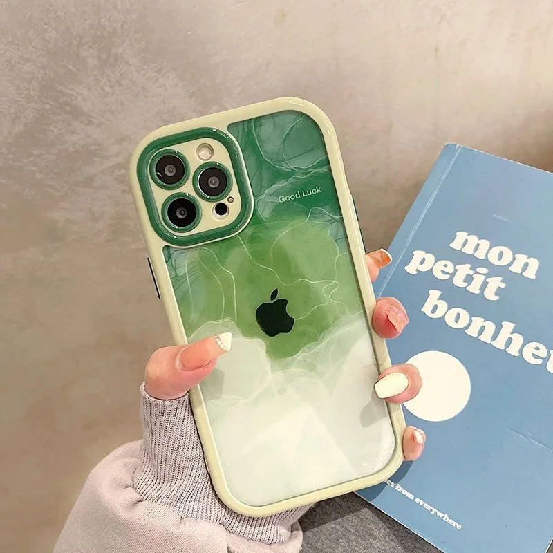 Gradient Pink Green Abstract Oil Painting Acrylic Clear Case For iPhone 16 Pro Max 15 14 13 12 11 Soft Bumper Hard Back Cover