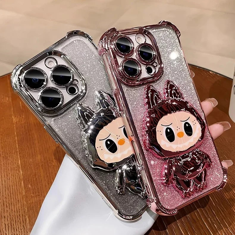 Cute L-La-bubuES Phone Case for iPhone 16 15 14 13 12 11 Pro Max Plus 16E X XR Shockproof Plating Silicone Glitter Powder Cover