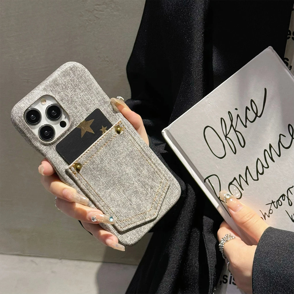 Luxury Denim Leather Card Bag Case For iPhone 15 14 13 12 11 Pro Max