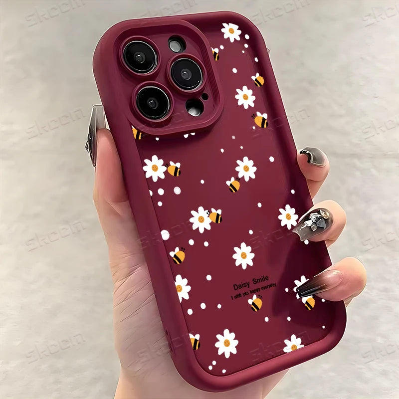 Cute Honeybee Flower Pattern Silicone Phone Case For iPhone 16 16E 15 14 13 12 11 Pro Max XS X XR 7 8 Plus SE2 Soft TPU Cover