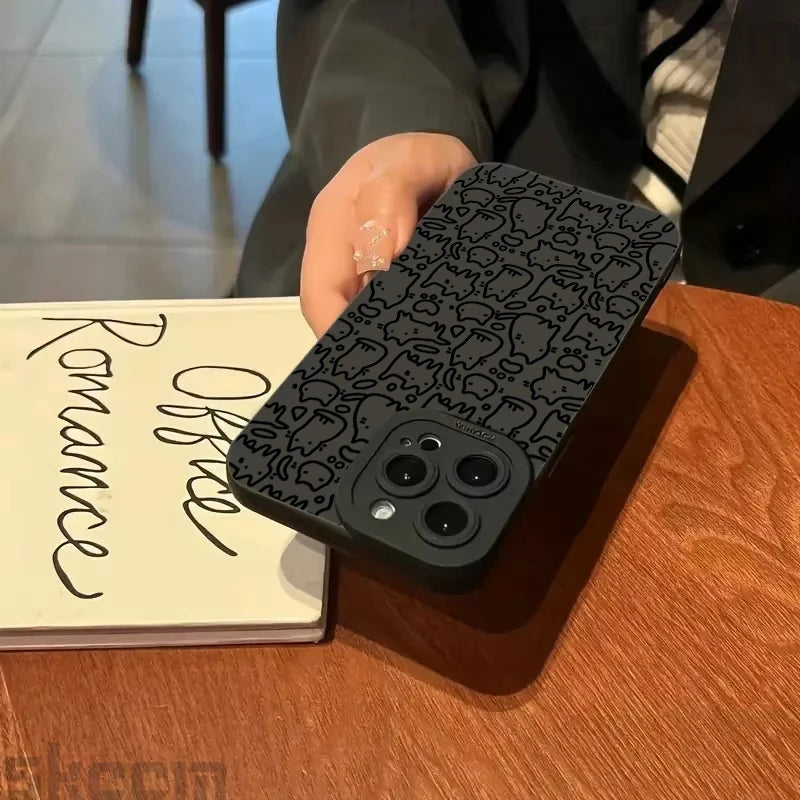 Cute Black Kitten Sketch Cat Phone Case for iPhone 16 15 14 13 12 11 Pro Max Mini XR XS X 7 8 Plus 16E Soft TPU Back Cover