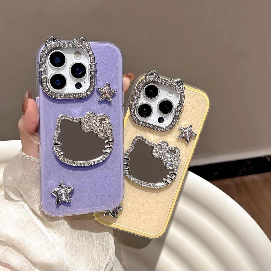 Fashion Diamond Glitter Make UP Mirror 3D Cute Cat Ears  Phone Case For iPhone 16 15 14 13 12 11 Pro Max Plus Cover
﻿﻿﻿﻿﻿