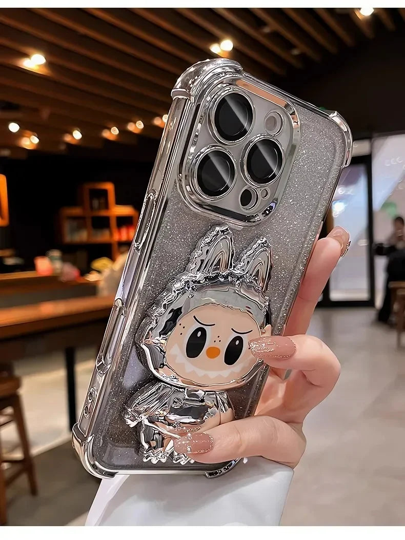 Cute L-La-bubuES Phone Case for iPhone 16 15 14 13 12 11 Pro Max Plus 16E X XR Shockproof Plating Silicone Glitter Powder Cover