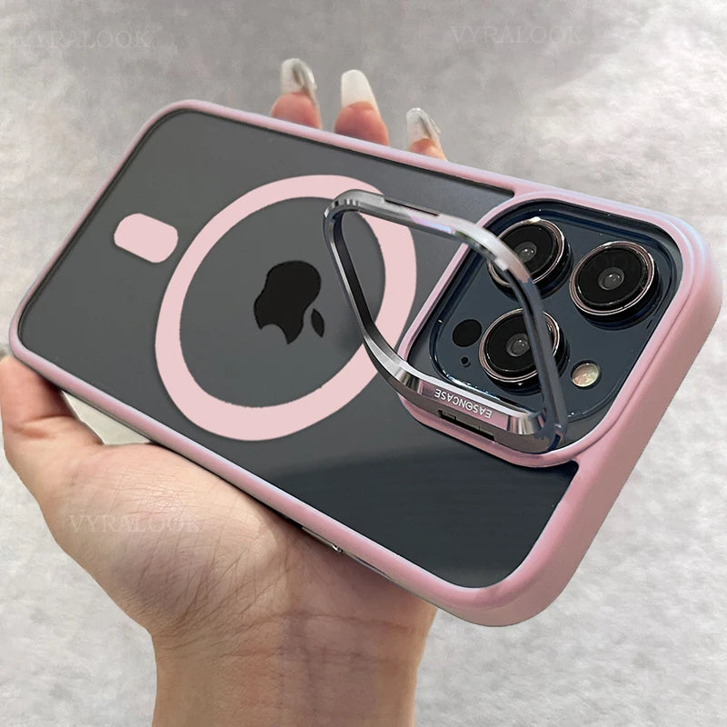 New Phone Case For iPhone 16 15 14 13 12 11 Pro Max Plus 17 Air For Magsafe Transparent Magnetic Lens Metal Stand Holder Cover