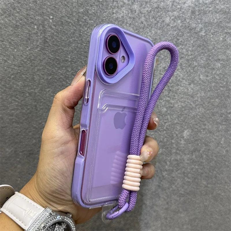 Luxury Card Slot Bag Clear With lanyard Phone Case For iPhone 11 12 13 14 15 Pro Max 16 Plus XS Shockproof Bumber Soft TPU Cover