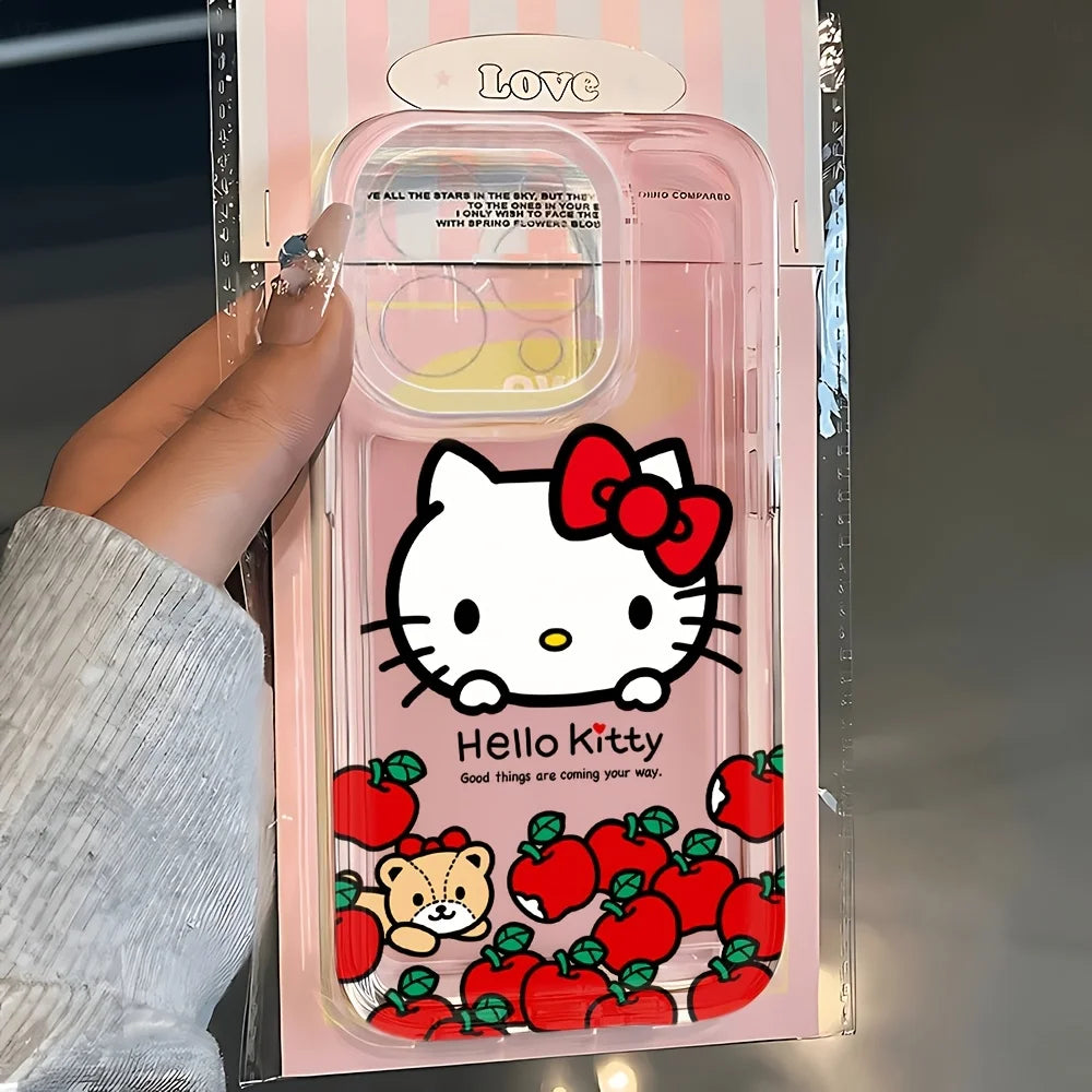Cute Full screen Sanrio Hello Kitty Case For iPhone 17 16 15 14 13 12 Pro Max XR Plus Kawaii Transparent Soft TPU Cover Funda